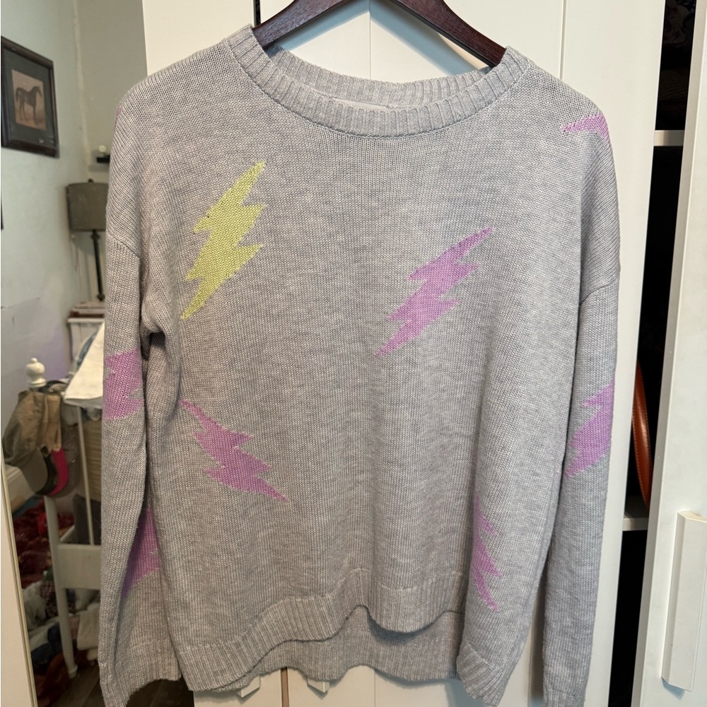 Fate Gray and Pink Crew Neck Sweater with Lightning Bolt Accents